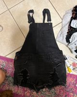 EXPRESS Black Ripped Overall Shorts Photo 0