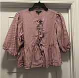 Red Pinstriped Ruffle Popover Top Bow Front Game Day Preppy Cottagecore Size XL Photo 0