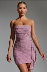 Oh Polly: Embellished Ruffled Cowl-Neck Bandeau Mini Dress in Mauve Photo 0