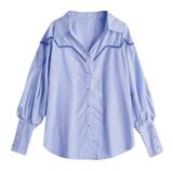 Tea & Cup Boutique Puff Sleeve Button Down Light Blue Pin Striped Shirt Size Small Photo 0