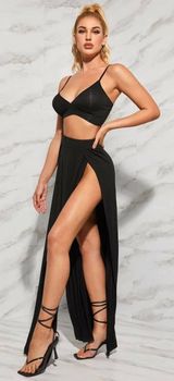 Solid Bralette Top And High Split Front Skirt Set Photo 0