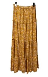 NEW Keren Hart Maxi Skirt Womens Small Yellow Floral Tiered Boho Stretch Pull On Photo 0