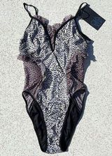 Revolve Gray Leopard Print Ruffled Cutout One Piece Swimsuit Photo 0
