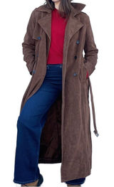 Avec Les Filles Chic Chocolate Brown Vegan Suede Long Trench Coat Small Photo 0