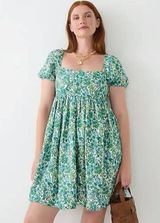 Linen Cupro Puff Sleeve Square Neck Mini Dress Valletta Paisley Floral Photo 0