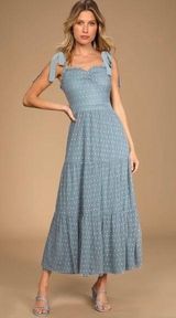 Lulus Just Your Darling Slate Blue Tie-Strap Swiss Dot Midi Dress fairy peasant Photo 0