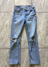 Levis Wedgie Straight Jeans Womens 25 Distressed Ripped Knee High Rise Denim Pan Photo 0