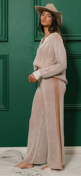 Two Tone Ribbed Sweater and Pants Set Tan Size L Photo 0