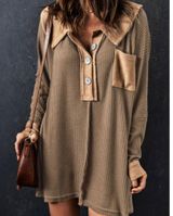 Brown Waffle Thermal Knit Henley Oversized Longline Tunic Top Medium M Photo 0