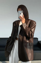 Commense Dark Brown Lapel Pockets Leather Blazer Medium NWT Photo 0