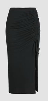 Black SOLID RUCHED WAIST TIE SPLIT LONG SKIRT Midi women size medium Photo 0
