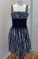 Suzi Chin  for Maggy Boutique Black & White Striped Pleated Fit & Flare Dress EUC Photo 0