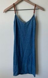 Vintage Ralph Lauren Denim Leather Spaghetti Strap Mini Dress Blue Brown Size XS Photo 0