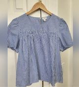 J. Crew Blue and White Puff Sleeve Smocked Blouse Photo 0