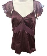 Daisy Fuentes Eggplant Purple Silk Blend Top Ruffle Sleeves V-Neck Blouse Large Photo 0