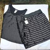 Body Central Women's Sleeveless Black Sequined Tank Crop Knit Top & Mini Skirt Set Size: Small New Photo 0