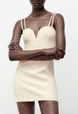 ZARA Sweetheart Neckline Mini Dress Size Medium NWT Sleeveless Beige Cream Party Photo 0