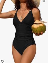 Charmo Tummy Control One Piece Swimsuits for Ruched Bathing Suits Strappy V Neck Black Size L Photo 0