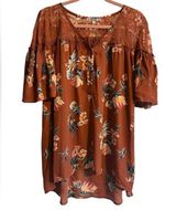 Gimmicks Floral & Lace Sheer Boho Bohemian Top Blouse in Rust Brown Size Large Photo 0