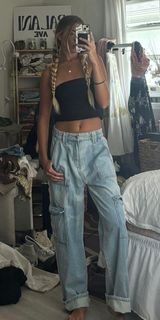 Light Wash Wax Cargo Jeans Photo 0