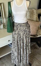 Lapis black cream feather boho print jersey knit maxi skirt halter dress Small Photo 0