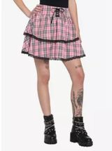 Hot Topic Pink Plaid Lace Up Tiered Skirt Scene Rave Pastel Goth Size XL Photo 0