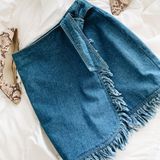 Neiman Marcus Denim Wrap Skirt Fringe Photo 0