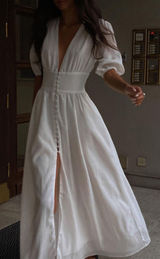 Commense Coastal Frenchy Cottage Flowy Button Split Long Dress White Maxi Small Photo 0
