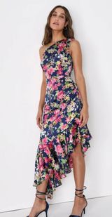 Blue Multi Floral One-Shoulder Midi Dress Photo 0