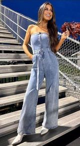 These Three  Needii NWOT Strapless Denim wide leg Jumpsuit SIZE SMALL Photo 0