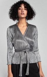 ZARA Basic Silver Long Sleeve Wrap Top Photo 0