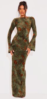 Pretty Little Thing Green Floral Devore Long Sleeve Maxi Dress Photo 0