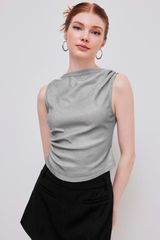 NWT  ROUND NECK RUCHED GLITTER ASYMMETRICAL TANK TOP – SIZE XS Photo 0