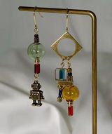 Boutique Korean Vintage Geometric Glass Ball Robot Pendant Gold Drop Earrings Photo 0