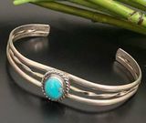 Vintage Unsigned Southwestern Silver Turquoise Cabochon Open Cuff Bangle 11g. Photo 0