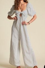 Billabong Shout It Out Geo Print Wide Leg Linen Puff Sleeves Beach Jumpsuit Sz M Photo 0