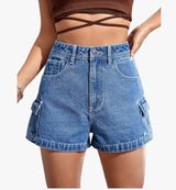 High Rise Zip Up Denim Shorts Straight Leg Flap Pocket Jean Shorts Size L Photo 0