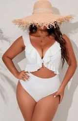 NWOT Shein White Ribbed Ruffle Tie Front One-Piece Swimsuit (1XL) Photo 0