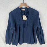 Altar'd State Cotton Crinkled Gauzy Lace Trim Lantern Sleeve Peasant Top Photo 0