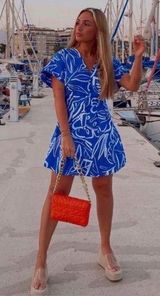 ZARA Blue & White Abstract Printed Mini Santorini Dress Size XS Cotton Photo 0