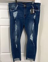 Pretty Little Thing Plus Dark Blue Ripped Detail Step Hem Skinny Jeans Size 22 New Photo 0