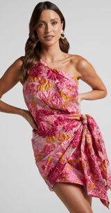 Showpo Brailey One Shoulder Mini Dress in Pink Jacquard Photo 0