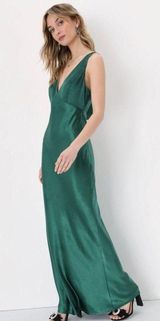 LULU’S Endearing Essence Emerald Green Satin Cowl Back Maxi Slip Dress Photo 0