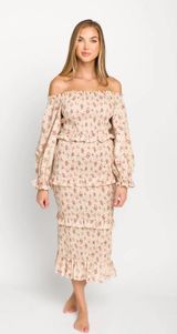 Lila Floral Printed Smocked Midi Dress in Pink - Bump Friendly/Maternity Photo 0