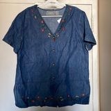 Jane Ashley New w/o Tags  Embroidered Denim Short Sleeve Blouse XL Side slits Photo 0