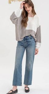 Blu Pepper Women's Scoop Neck Color Block Cream and Tan Knit Sweater L Photo 0