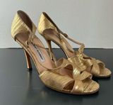 Manolo Blahnik Gold Lume Strappy Stilettò Dancer Open Toe Party Heel Size 38 7.5 Photo 0