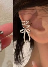 Silver Ribbon Bow Ear Cuff Trendy Coquette Earring Accessory, Boho Ear Cuff Photo 0