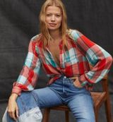 Pilcro and the Letterpress Anthropologie Pilcro Breezy Buttondown Red Blue Plaid Ruffle Blouse Photo 0