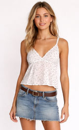 Brandy Melville, slightly cropped white with brown floral print baby doll top. S Photo 0
